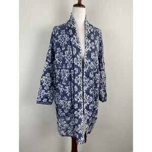 White Stuff Cardigan Long Blue Floral Cottage Core Boho US Size 10 Pocket Kimono